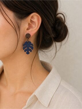 Hand Crafted Navy Blue Monstera Leaf Drop Earrings